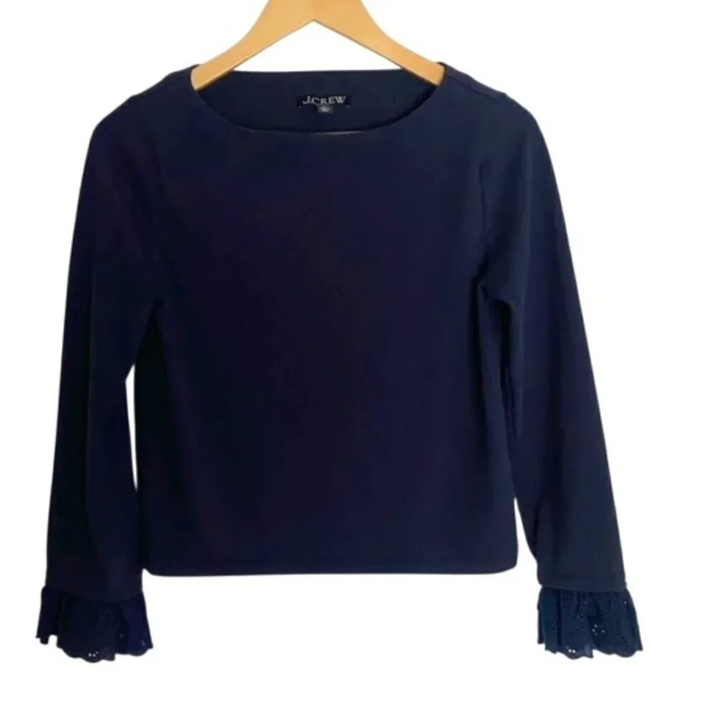 J. Crew Mariner Navy Jersey Top with Eyelet Trim XSmall